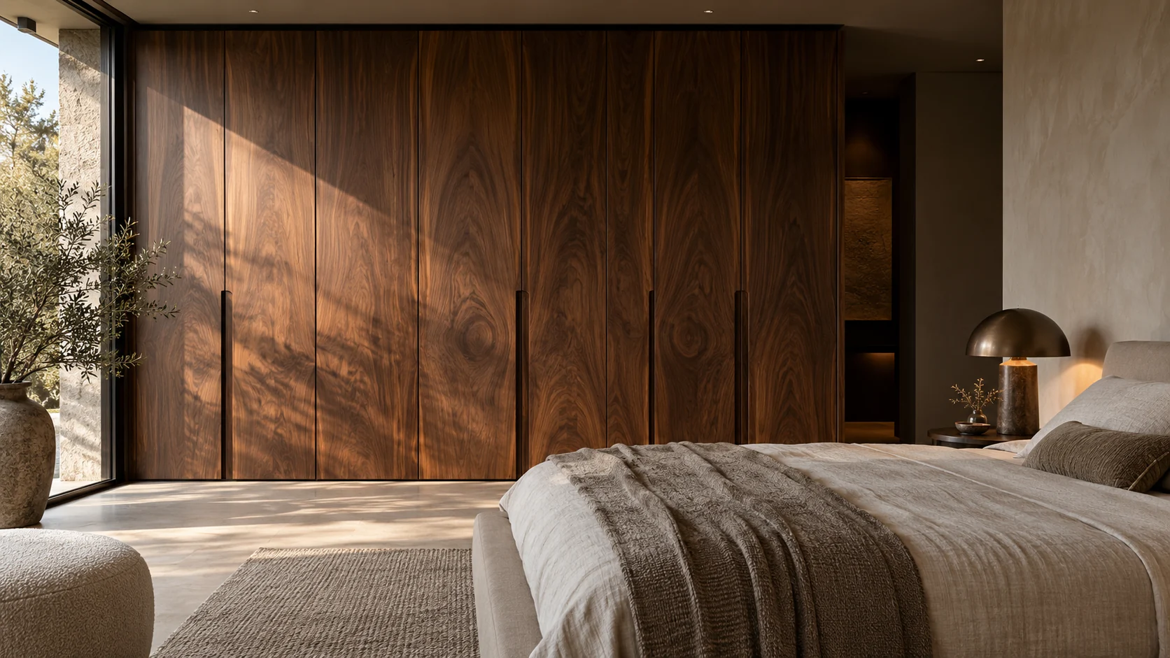 Puertas de clóset de madera en una recámara contemporánea